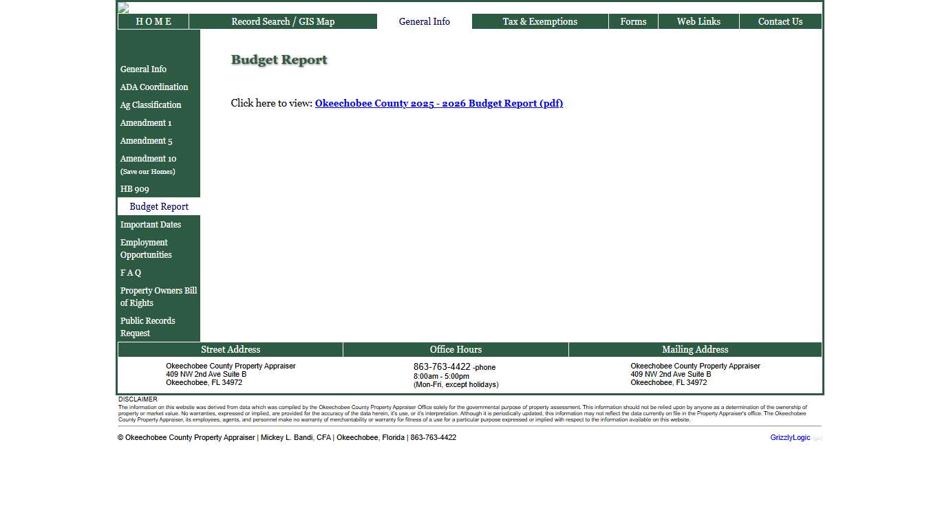 Okeechobee County Property Appraiser - Mickey L. Bandi, CFA Okeechobee, Florida 863-763-4422